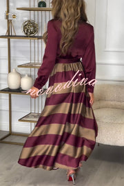 Lindsey Satin Colorblock Contrast Long Sleeve Belted Shirt Maxi Dress