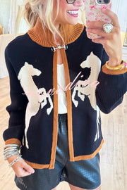 Stylish White Horse Pattern Casual Long-sleeved Knitted Cardigan