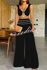 Solid Color Sexy V-neck Sleeveless Top and High-waisted Loose Pants Set