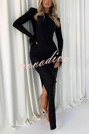 Solid Color Round Neck Ostrich Feather Long Sleeve Slim Maxi Dress