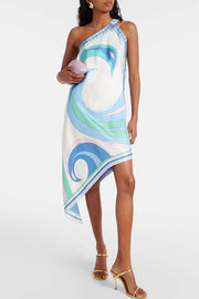 On Island Satin Unique Print One Shoulder Irregular Hem Vacation Midi Dress