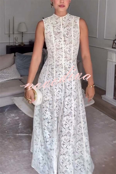 Lovestruck Babe Floral Lace Crew Neck Patchwork Waisted Design Maxi Dress