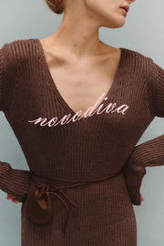 Solid Color V-neck Long-sleeved Slim-fit Elegant Knit Maxi Dress