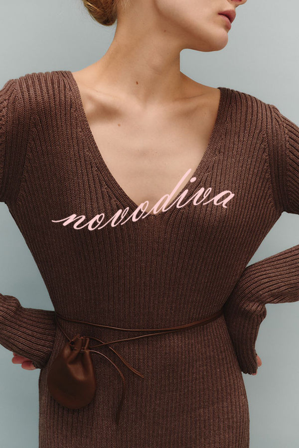 Solid Color V-neck Long-sleeved Slim-fit Elegant Knit Maxi Dress