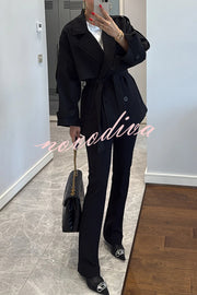 Modern Urban Dropped Shoulder Strap Button Detail Belted Lapel Loose Trench Coat
