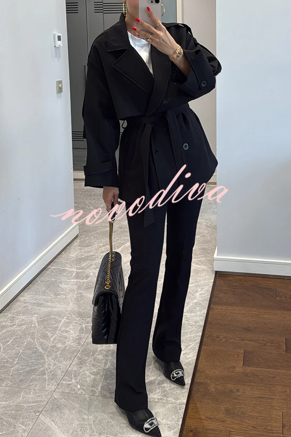 Modern Urban Dropped Shoulder Strap Button Detail Belted Lapel Loose Trench Coat
