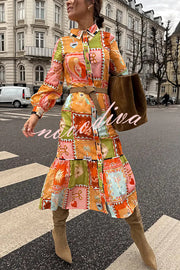 Linen Blend Unique Printed Long Sleeve Lapel Tie-waist Midi Dress