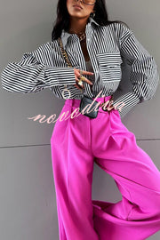Stripe Print Lapel Long Sleeve Pocket Casual Shirt
