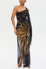 Unique Print Sexy One Shoulder Slim High Slit Maxi Dress