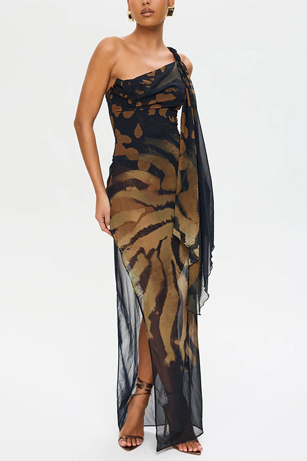 Unique Print Sexy One Shoulder Slim High Slit Maxi Dress