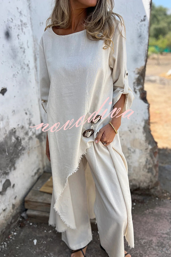 Jamilah Linen Blend Ring Detail Midi Blouse  and Elastic Waist Pocketed Loose Pants Set