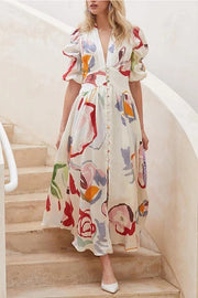 Lover's Gaze Watercolor Floral Printed Puff Sleeve Button Maxi Dress