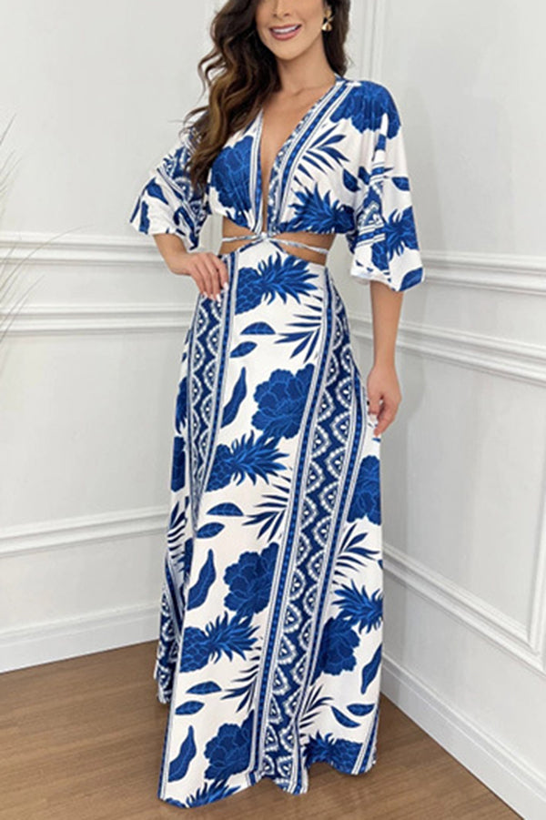 Wilma Unique Print Cutout Elastic Waist Tie-up Kimono Sleeve Maxi Dress