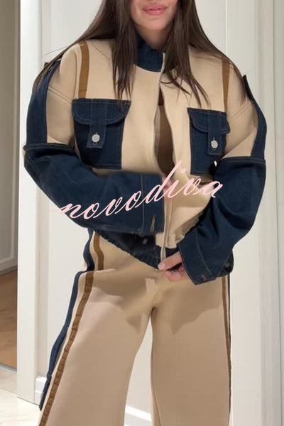 Chill Whispers Denim Patchwork Sweatshirt Fabric Zipper Long Sleeve Pocket Loose Jacket