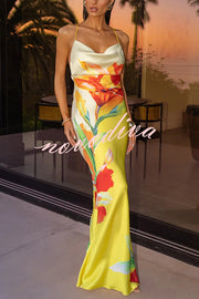 Luisa Satin Floral Print Cowl Neck Sexy Open Back Tie-up Maxi Dress