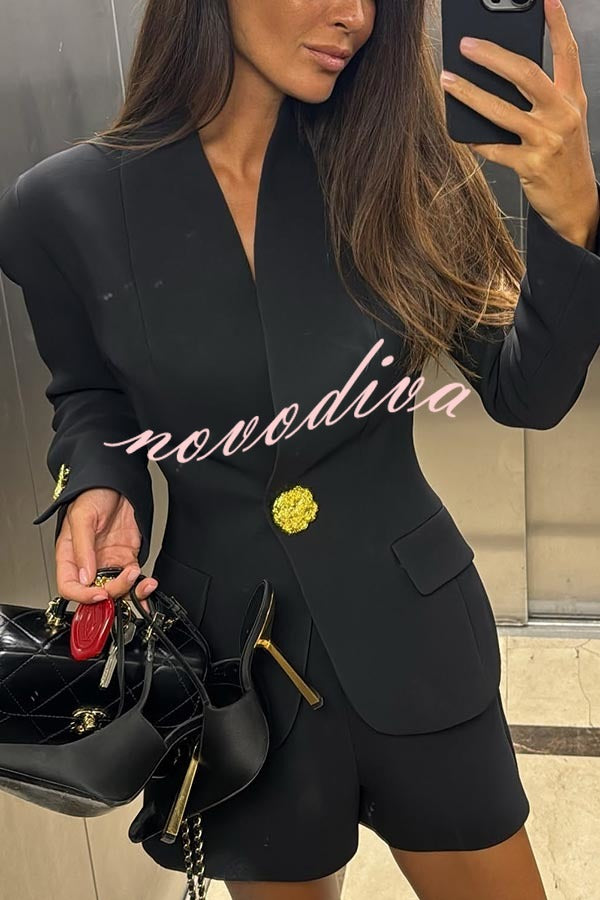 Classic Luxury Unique Metal Button Stand Collar Long Sleeve Blazer