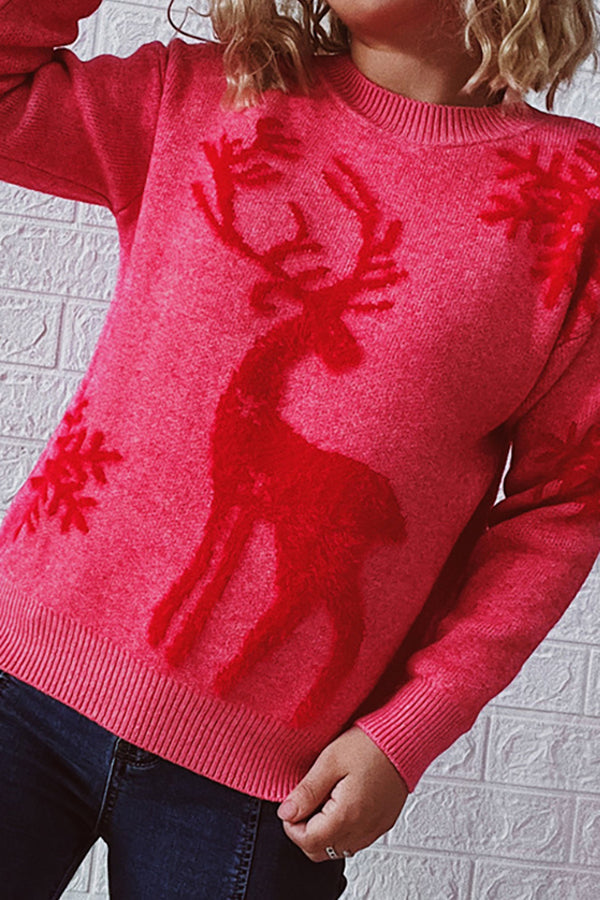 Christmas Pattern Knitted Crew Neck Long Sleeved Sweater