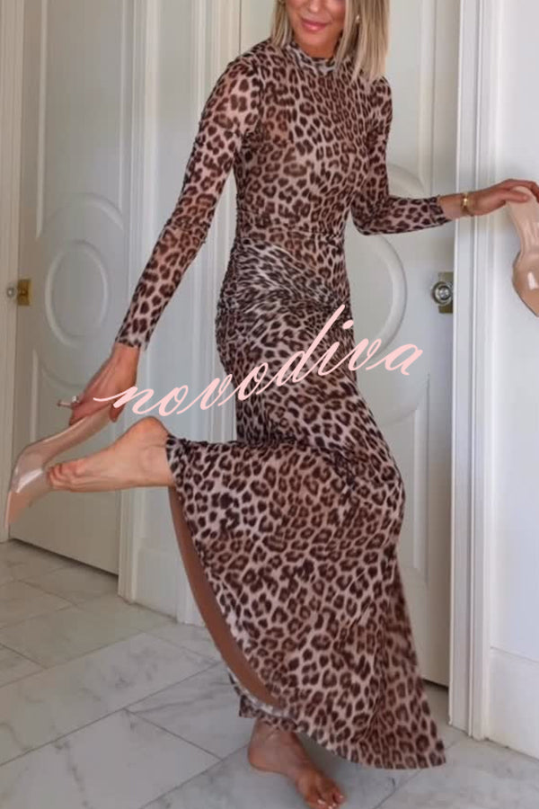 Revina Mesh Leopard Print Mock Neck Gathered Waist Long Sleeve Stretch Midi Dress