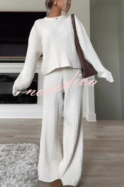 Autumn Travel Knit Cable Long Sleeve Sweater and Elastic High Waist Wide Leg Pants Set