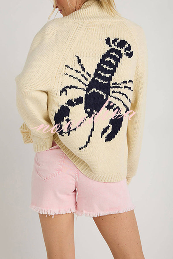 Fashion Lobster Pattern Casual Long Sleeve Knit Cardigan