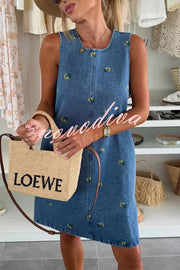 Floral Print Round Neck Sleeveless Loose Denim Mini Dress