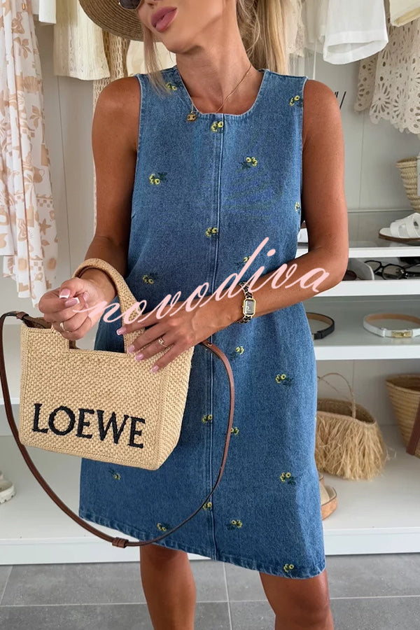Floral Print Round Neck Sleeveless Loose Denim Mini Dress