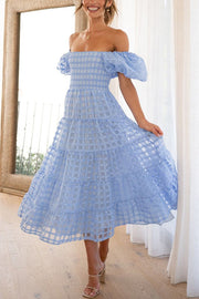 Dare To Dance Square Pattern Fabric Smocked Puff Sleeve Midi Dress