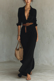 City Sleek Single Breasted Long Sleeve Warp Slit Shirt Maxi Dress