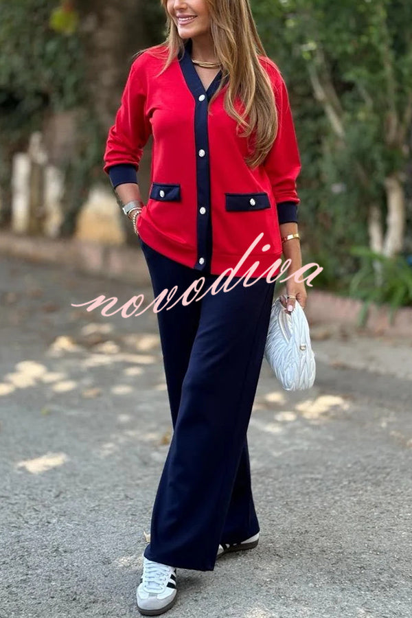Stylish Color-blocked V-neck Knitted Button-down Cardigan and Elastic Waist Casual Wide-leg Pants Set