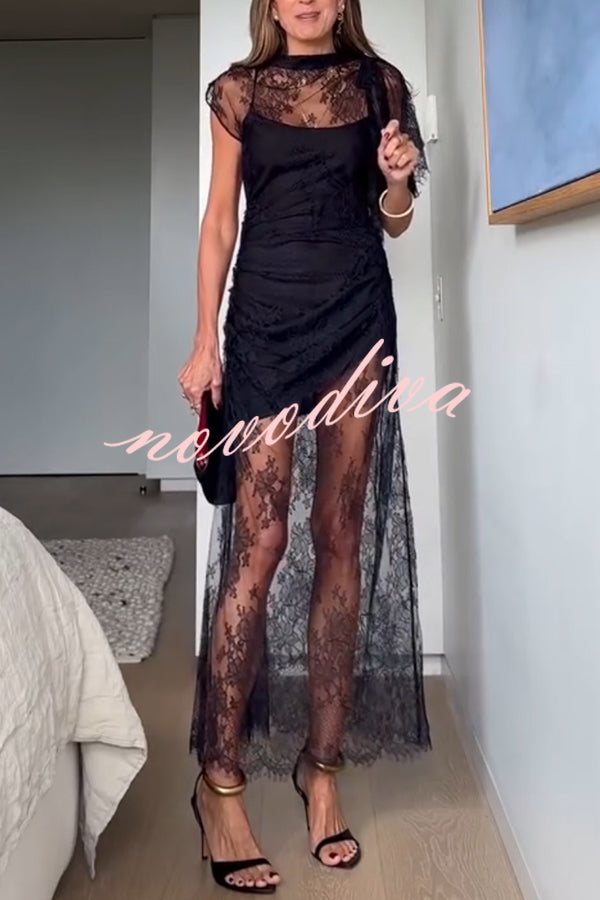 Romantic Statement Lace One Shoulder Bell Sleeve Asymmetrical Maxi Dress
