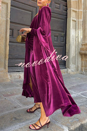 Olivienne Luxurious Velvet Padded Shoulders Slit Sleeve Lapel Midi Cape