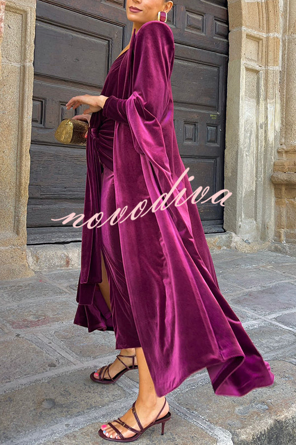 Olivienne Luxurious Velvet Padded Shoulders Slit Sleeve Lapel Midi Cape