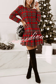 Fashionable Plaid Print Long Sleeve Round Neck Slim Fit Mini Dress