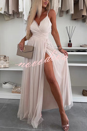 Solid Color Tulle Halter Back High Slit Maxi Dress