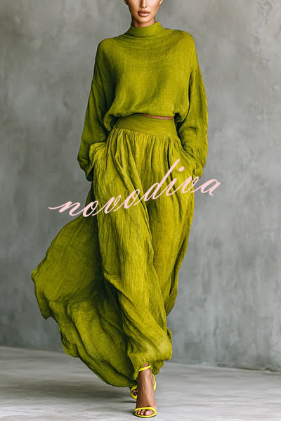 Linen Blend Solid Color Loose Long-sleeved Top and High-waisted Casual Pocket Maxi Skirt Set