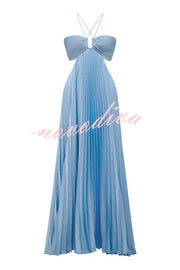 Caught Your Eyes Satin Pleated Cross Straps Cutout Flowing Maxi Dress