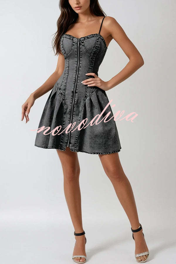 Fashionable Patchwork Suspender Zipper Slim Denim Mini Dress