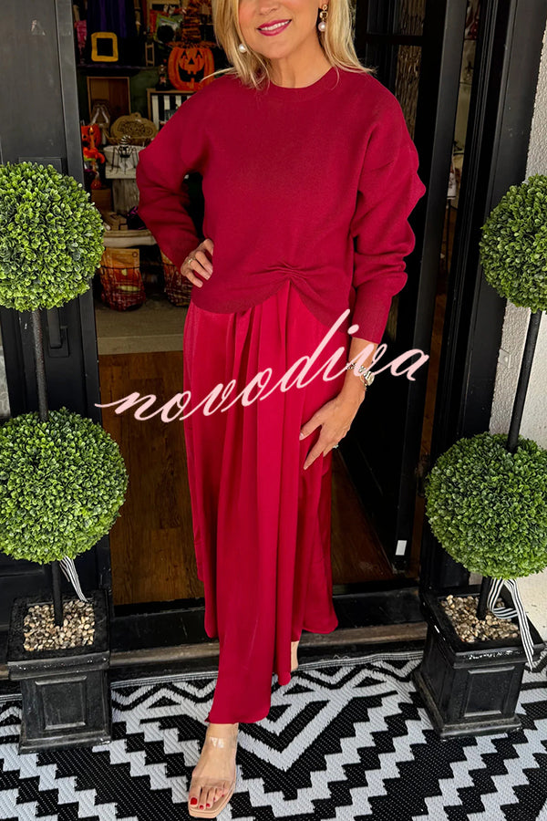 Practical Fashion Knit Ruched Sweater and Satin Stretch Tank Midi Dress Two-piece Set