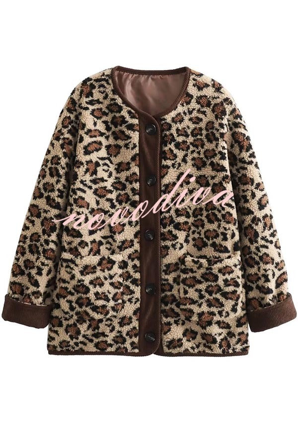 Warm Feel Colorblock Leopard Print Plush Button Up Pocketed Teddy Jacket