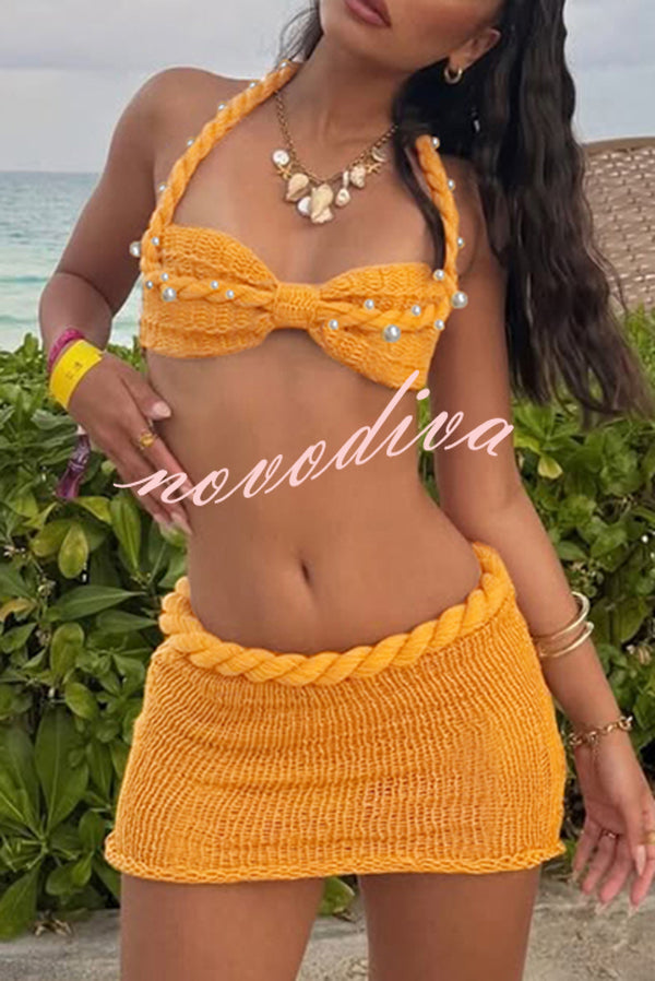 Sexy Halterneck Pearl-embellished Lace-up Tank and Fitted Knit Mini Skirt Set