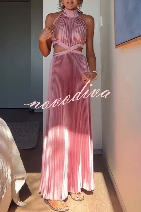 Stunning Choice Satin Pleated Halter High Neck Cutout Waist Backless Maxi Dress
