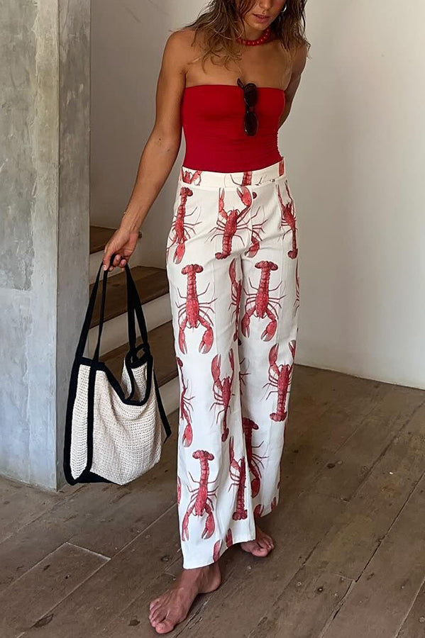 Fun Vacation Lobster Print High Rise Straight Pants