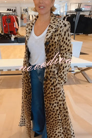 Leopard Print Long Sleeve Pocket Casual Maxi Trench Coat