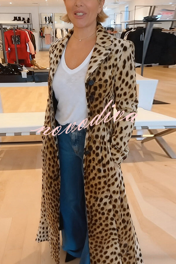 Leopard Print Long Sleeve Pocket Casual Maxi Trench Coat