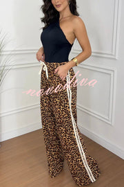 Sporty Fashion Leopard Stripe Print Elastic Waist Pocketed Wide Leg Pants