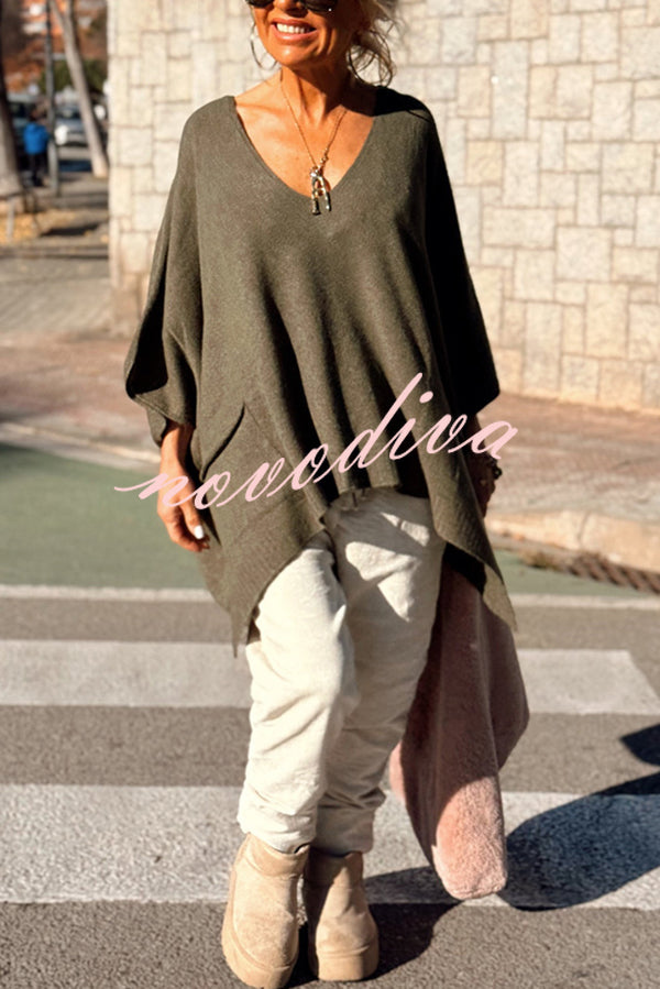 Fashion V-neck Loose Pocket Mid-length Knitted Sweater