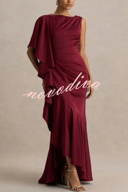 Freya Satin Boat Neck Waterfall Frill Sleeve Drape Maxi Dress