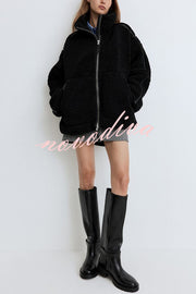 Solid Color Stitching High Collar Long Sleeve Loose Pocket Woolen Coat