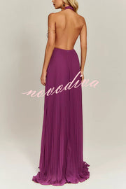 Gabie Chiffon Pleated Braided Halter Neck Backless A-line Maxi Dress