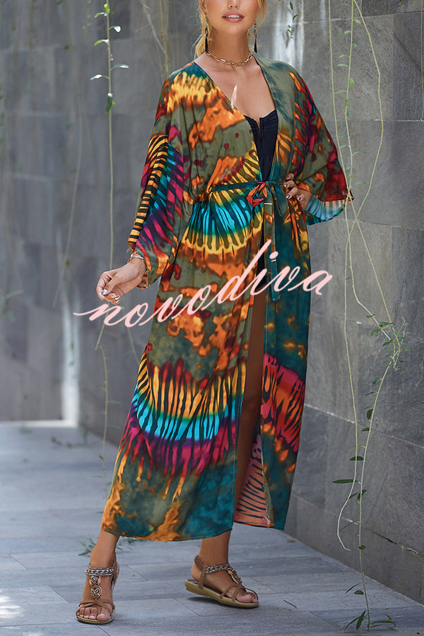 Unique Print Loose Lace Up Holiday Maxi Cover Up